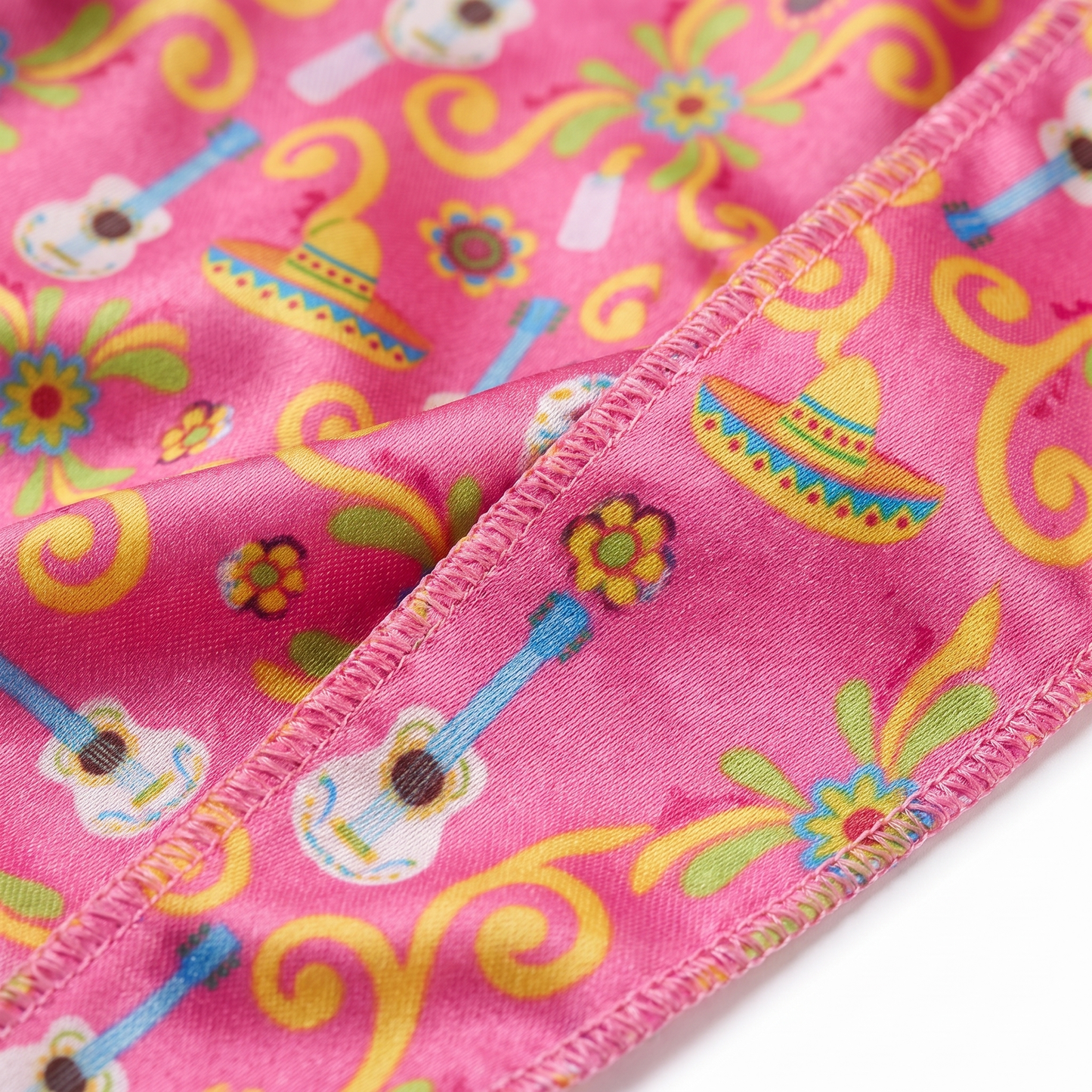 Cinco De Mayo Pink festive Satin Silky Durag fabric close-up showing Cinco De Mayo Pink festive print and stitching detail