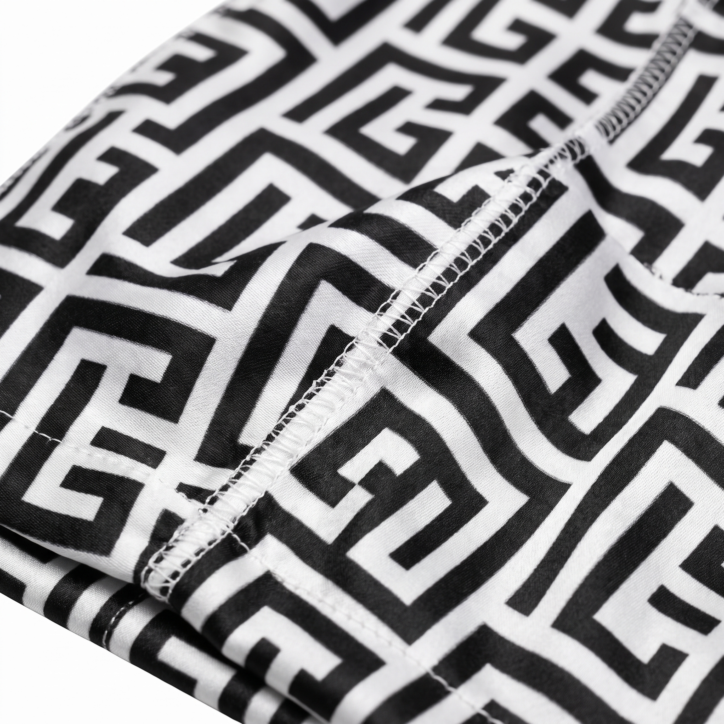 Black and White Maze geometric Satin Silky Durag fabric close-up showing Black and White Maze geometric print and stitching detail