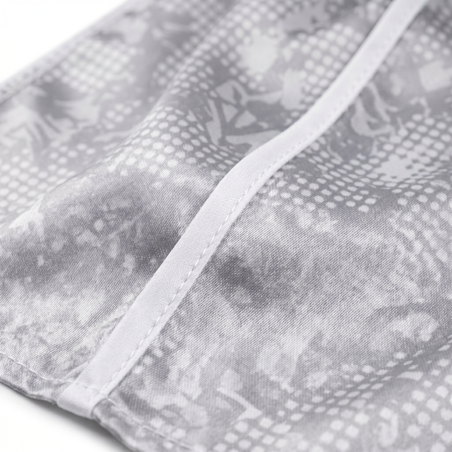 Digital Chameleon Ash pixel camo Satin Silky Durag fabric close-up showing Digital Chameleon Ash pixel camo print and stitching detail