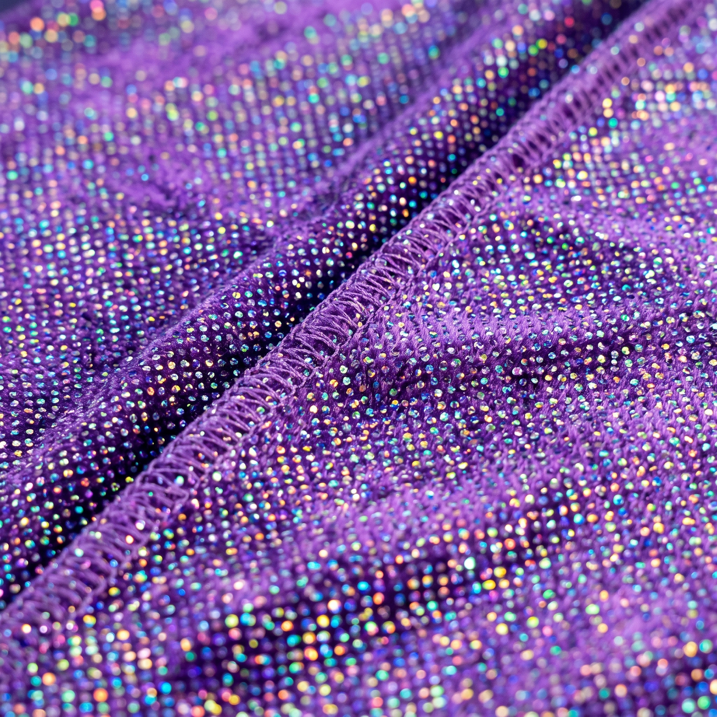 Premium Purple Hologram Sparkle Velvet Durag fabric close-up showing texture and stitching detail
