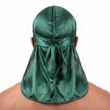 Premium Silk Durag Forest Green worn by male model, back view showing tied wrap and tail
