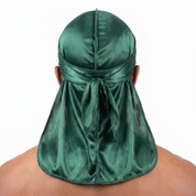 Premium Silk Durag Forest Green worn by male model, back view showing tied wrap and tail