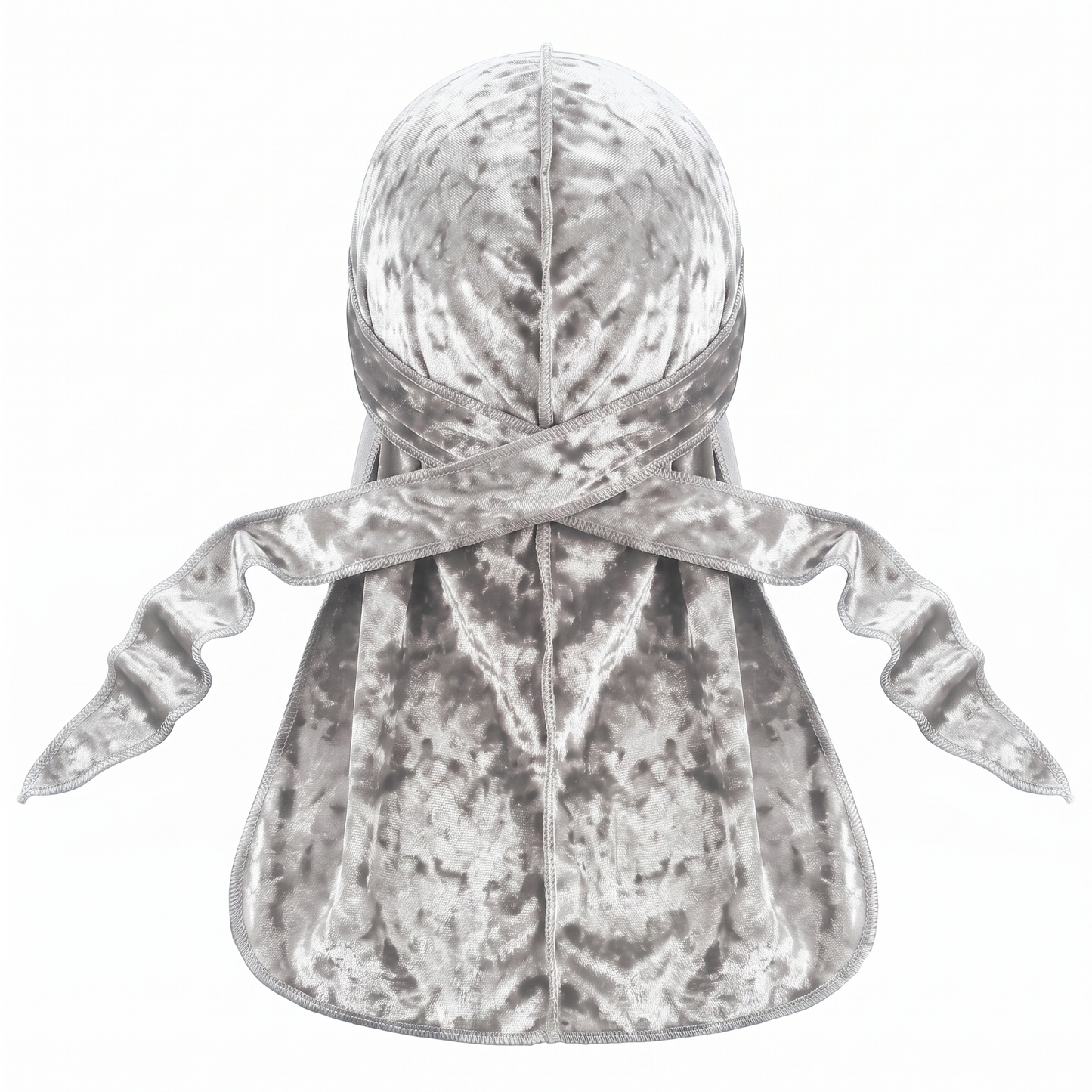 Premium Crushed Velvet White Durag - premium crushed velvet durag back view showing wrap straps, tail and stitching