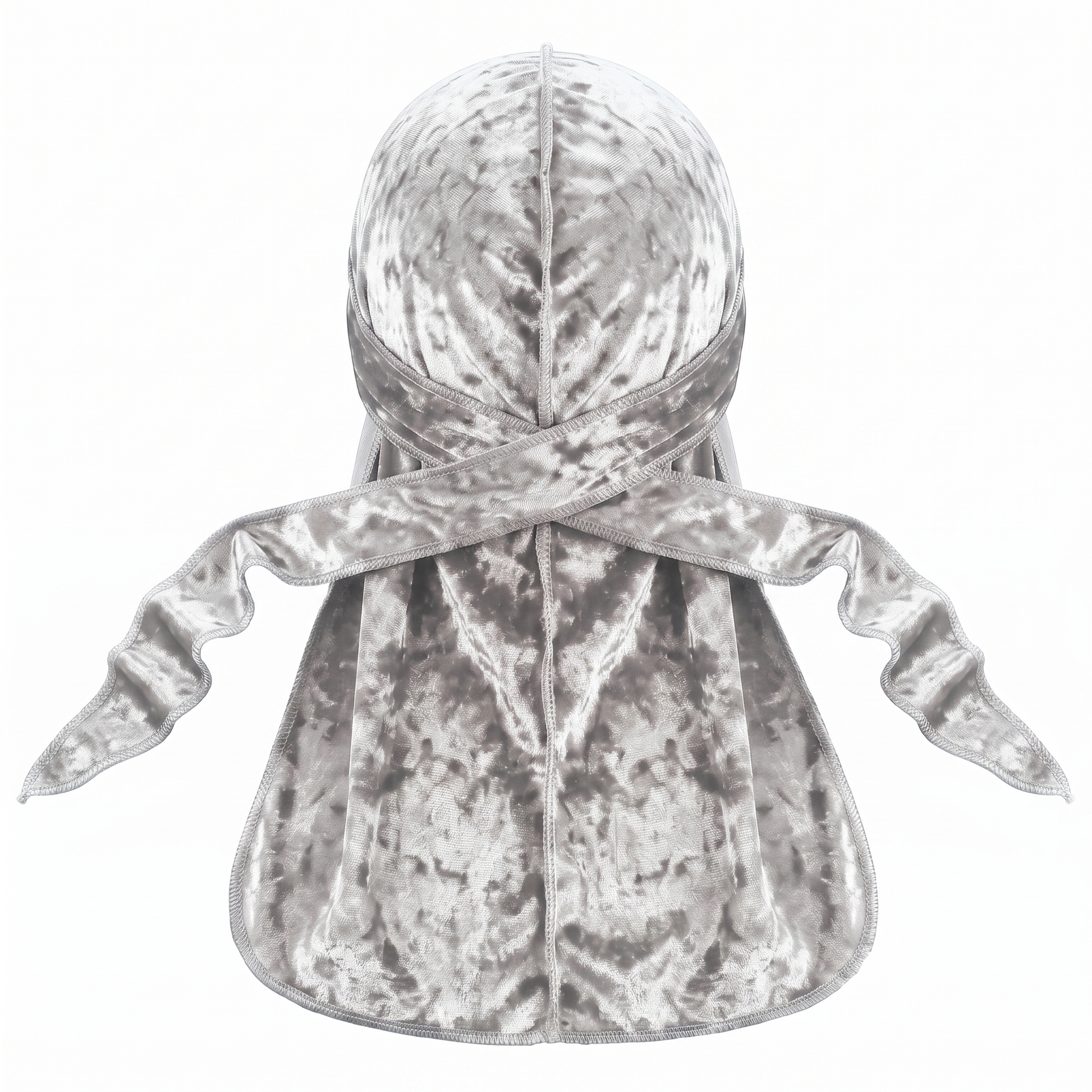 Premium Crushed Velvet White Durag - premium crushed velvet durag back view showing wrap straps, tail and stitching
