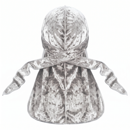 Premium Crushed Velvet White Durag - premium crushed velvet durag back view showing wrap straps, tail and stitching