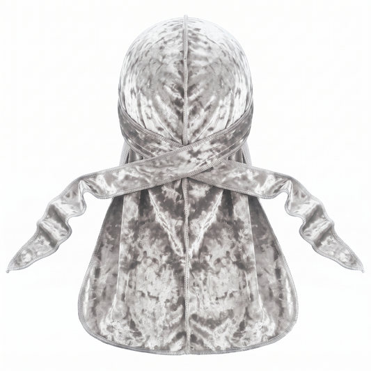 Premium Crushed Velvet White Durag - premium crushed velvet durag back view showing wrap straps, tail and stitching