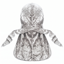 Premium Crushed Velvet White Durag - premium crushed velvet durag back view showing wrap straps, tail and stitching