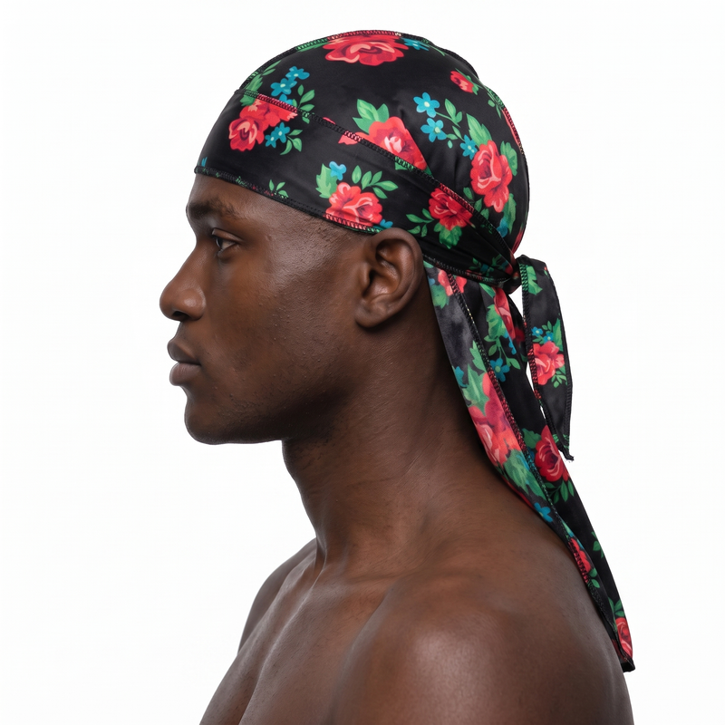 Red Retro Roses floral Satin Silky Durag worn by male model, side profile showing fit and tail drape