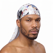 Demon Slayer anime graphic Satin Silky Durag worn by male model, front view on white background