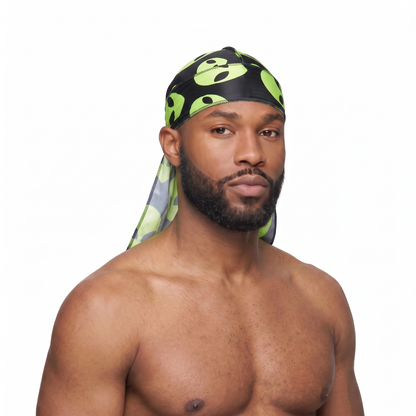 Alien Black graphic Satin Silky Durag worn by male model, front view on white background