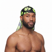 Alien Black graphic Satin Silky Durag worn by male model, front view on white background