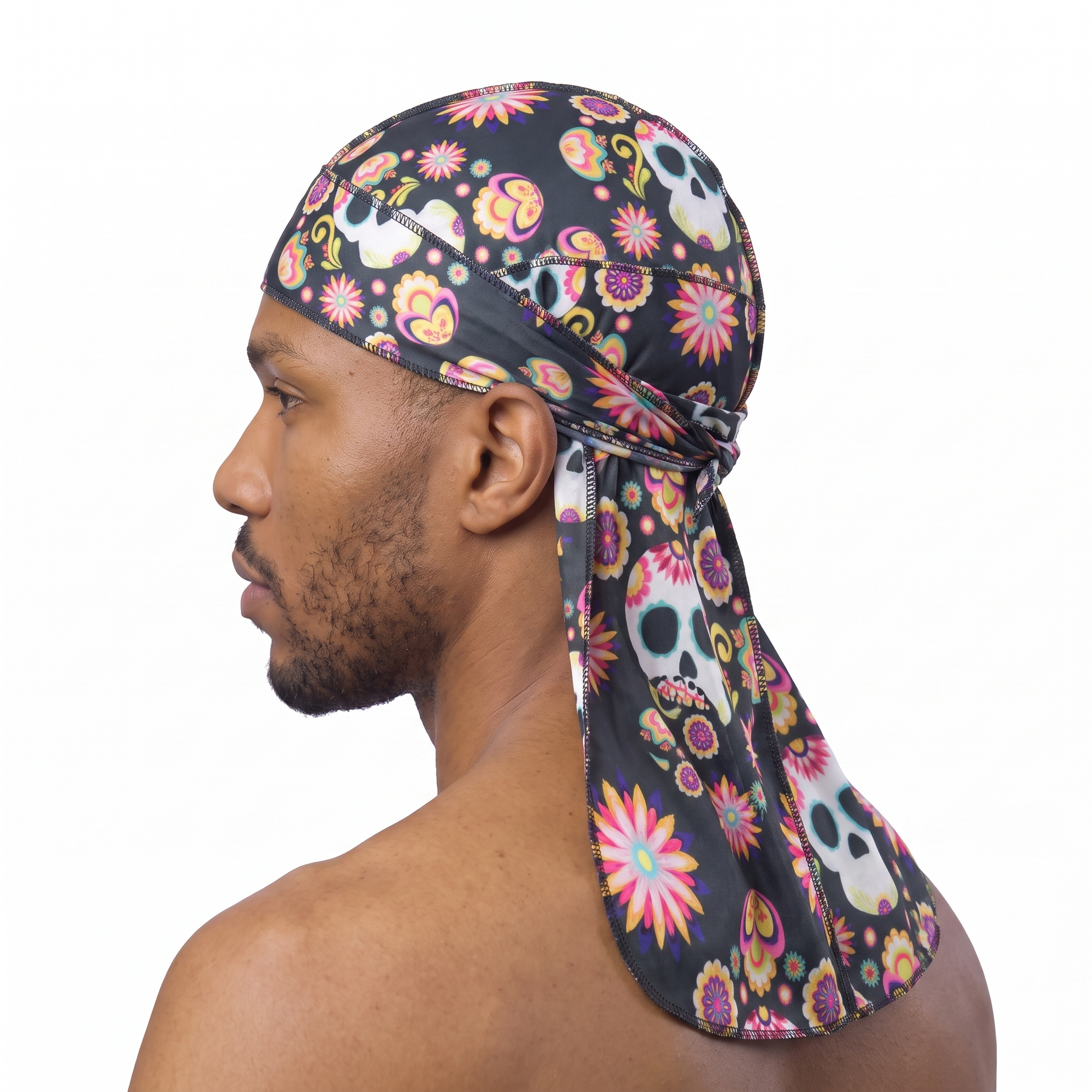 Cinco De Mayo Black festive Satin Silky Durag worn by male model, side profile showing fit and tail drape