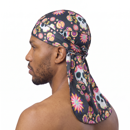 Cinco De Mayo Black festive Satin Silky Durag worn by male model, side profile showing fit and tail drape