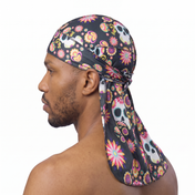 Cinco De Mayo Black festive Satin Silky Durag worn by male model, side profile showing fit and tail drape