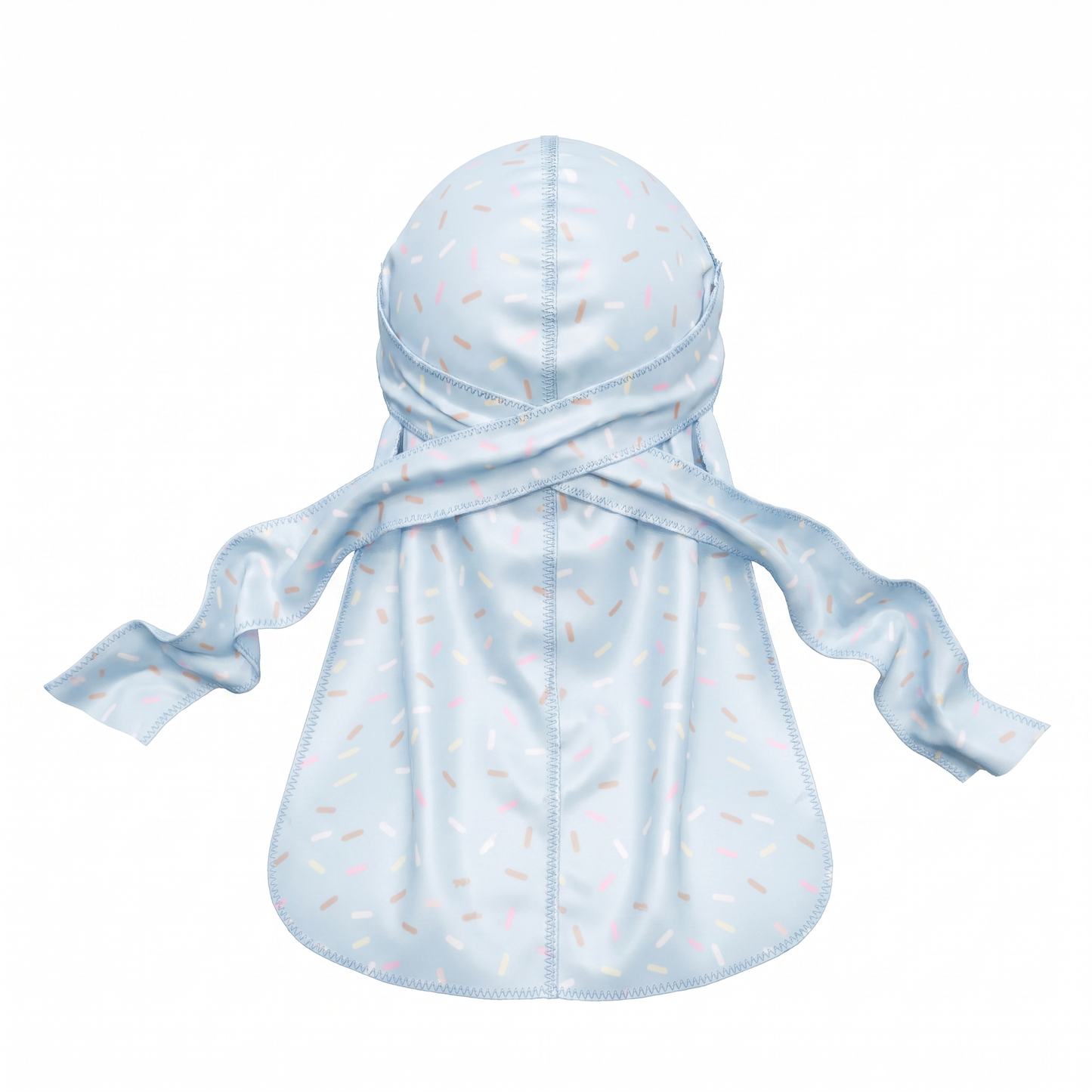 Blue ice cream sprinkle Satin Silky Durag - premium silky durag back view showing wrap straps, tail and stitching