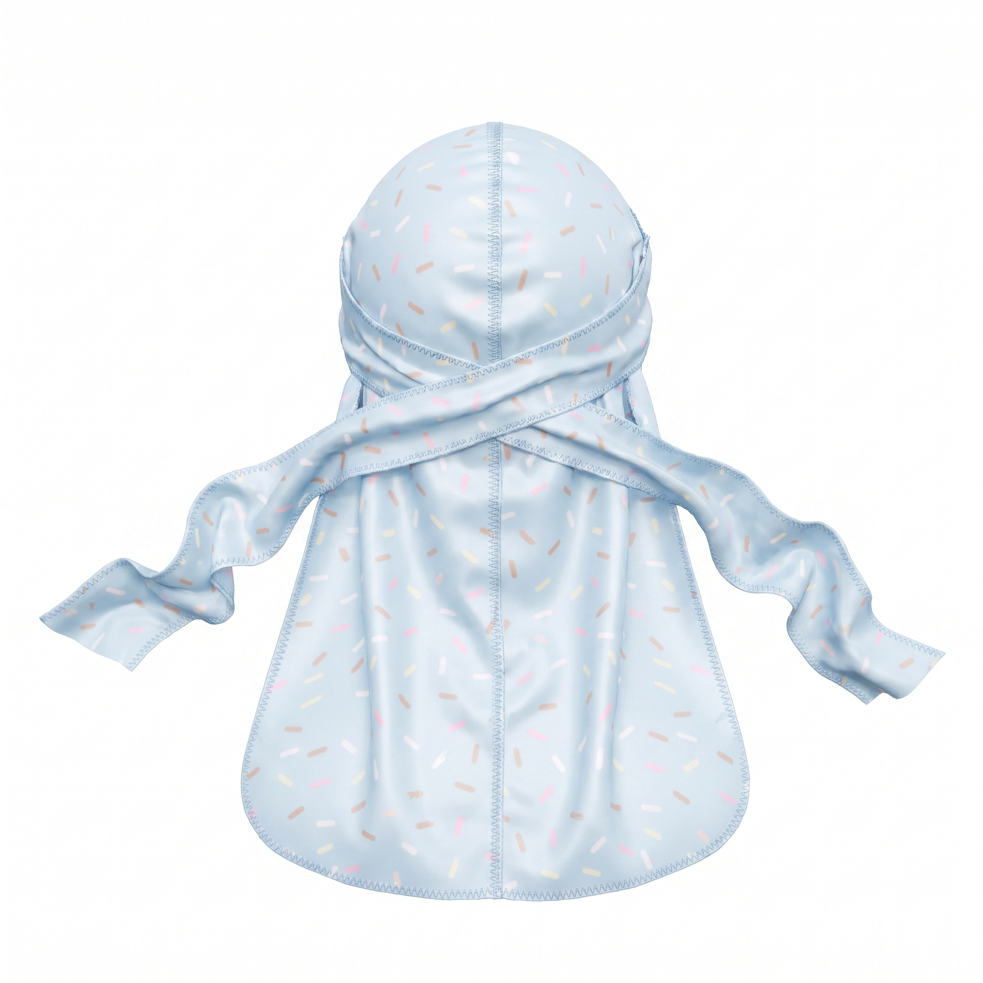 Blue ice cream sprinkle Satin Silky Durag - premium silky durag back view showing wrap straps, tail and stitching