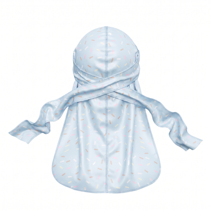 Blue ice cream sprinkle Satin Silky Durag - premium silky durag back view showing wrap straps, tail and stitching
