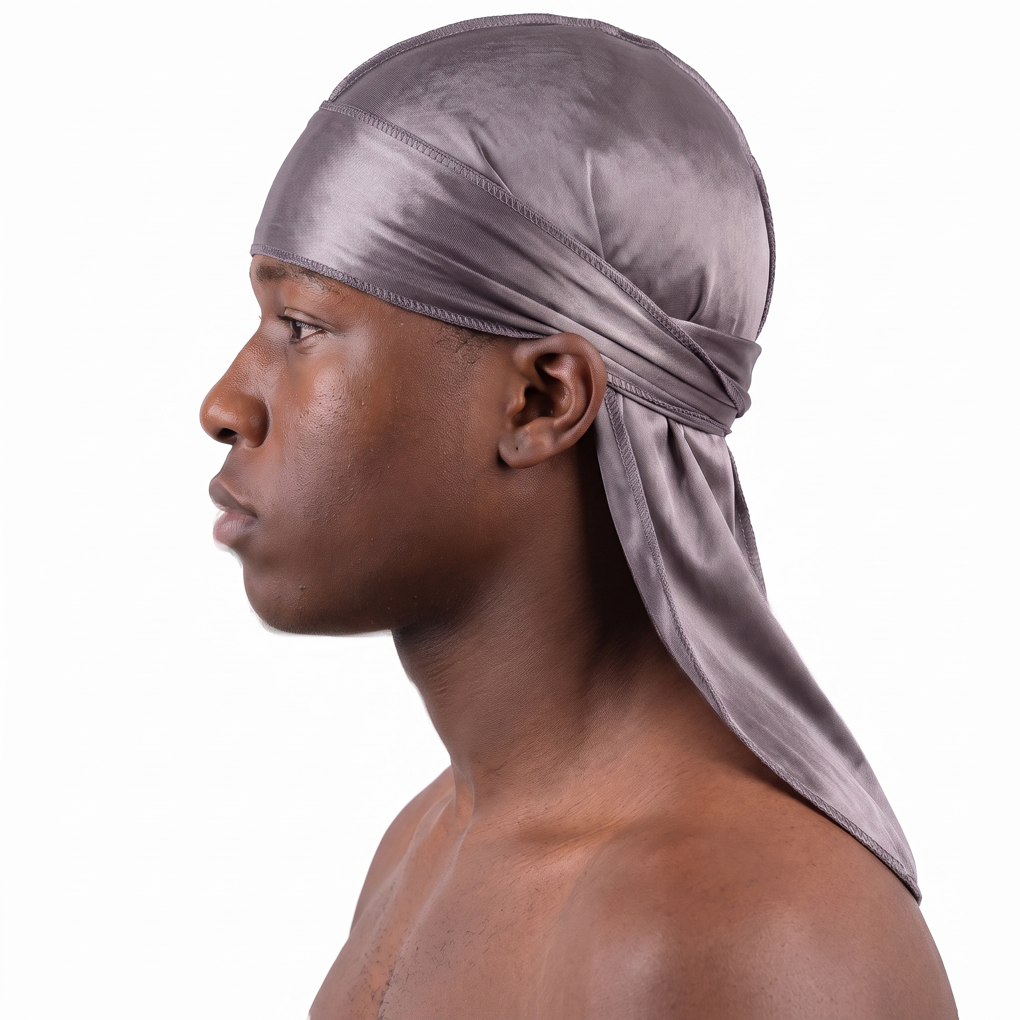 JagRags Stretchy Gun Metal and Silk Durag for Men worn by male model, side profile showing fit and tail drape