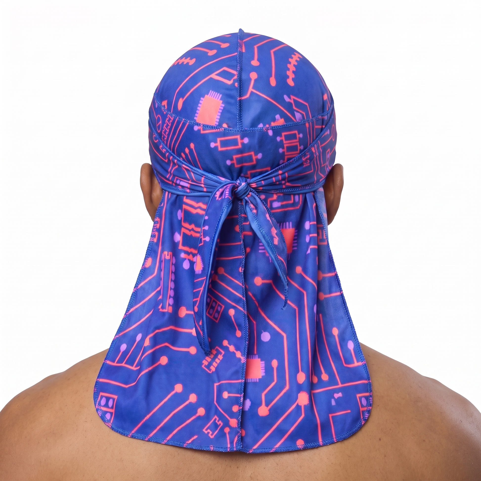 Digital Blue and Red pixel Satin Silky Durag worn by male model, back view showing tied wrap and tail