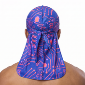 Digital Blue and Red pixel Satin Silky Durag worn by male model, back view showing tied wrap and tail