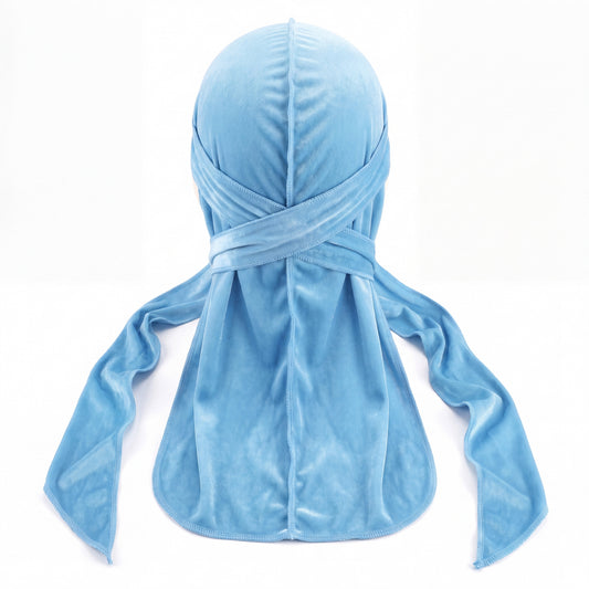 Premium Baby Blue Velvet Durag - premium velvet durag back view showing wrap straps, tail and stitching