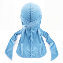 Premium Baby Blue Velvet Durag - premium velvet durag back view showing wrap straps, tail and stitching