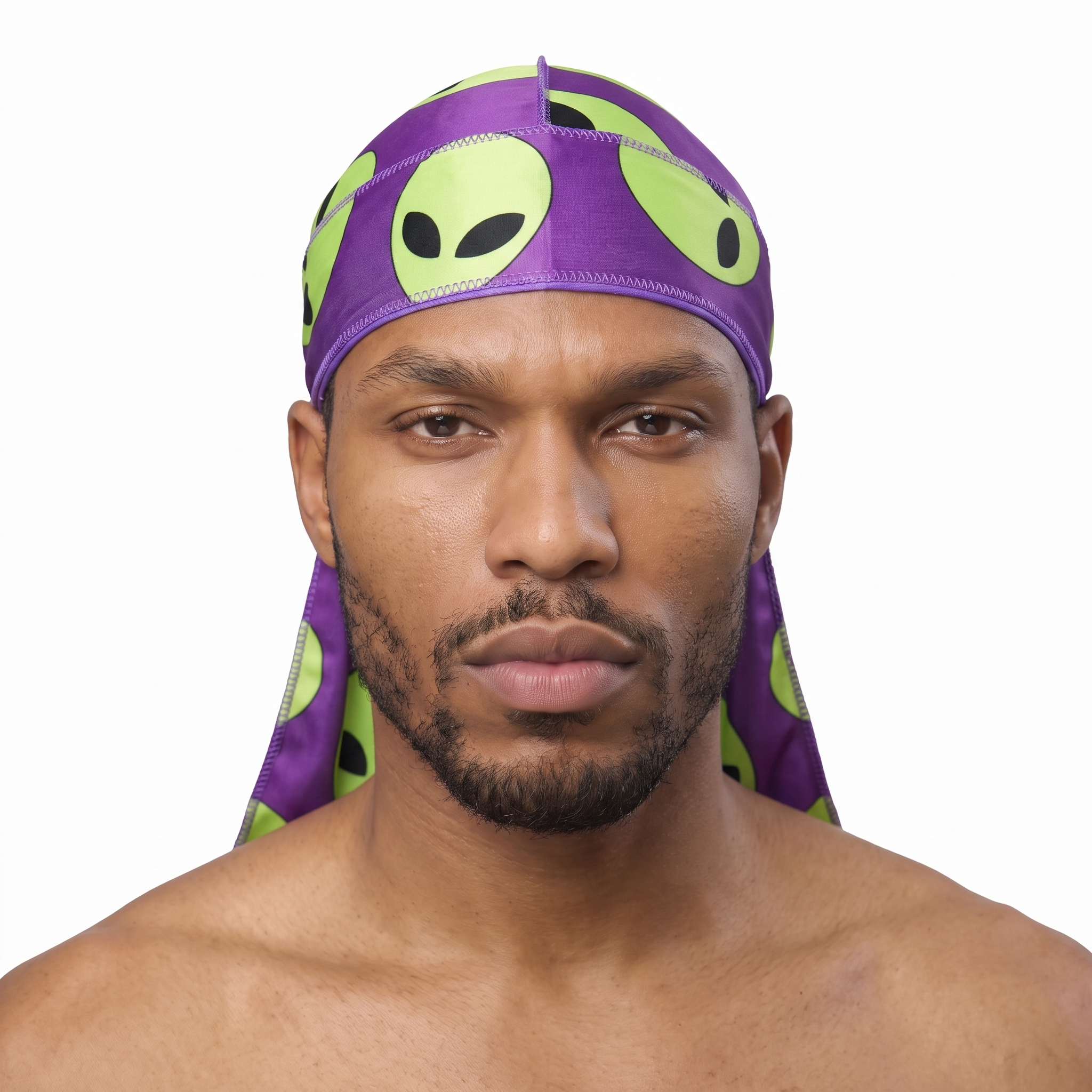 Alien Purple graphic Satin Silky Durag worn by male model, front view on white background