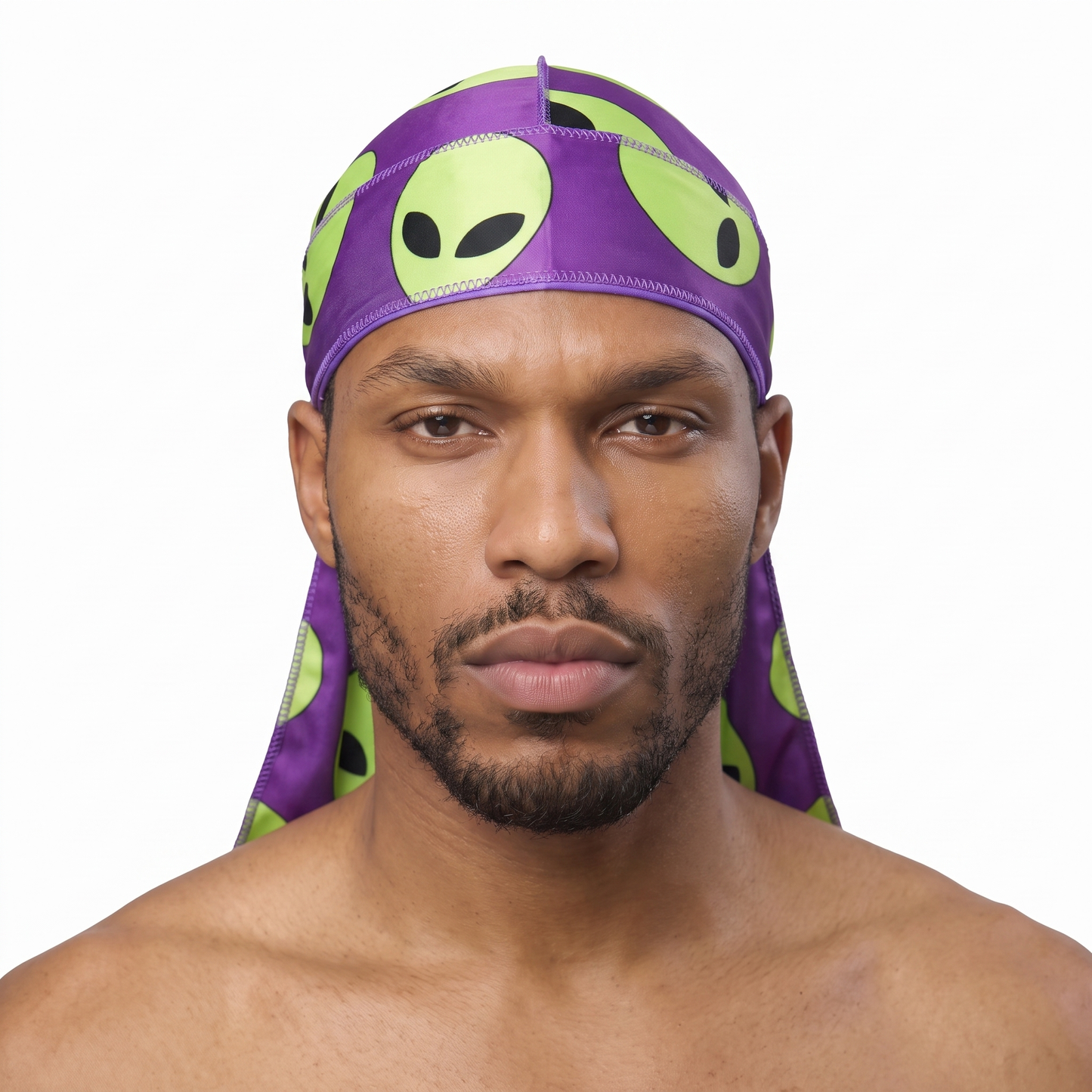 Alien Purple graphic Satin Silky Durag worn by male model, front view on white background