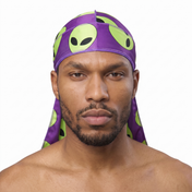 Alien Purple graphic Satin Silky Durag worn by male model, front view on white background
