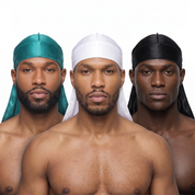 Premium Silk Durag Bundle  Jade Green - three models wearing Jade Green, White and Black heavy silky durags