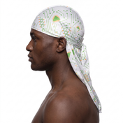 Digital White pixel camo Satin Silky Durag worn by male model, side profile showing fit and tail drape