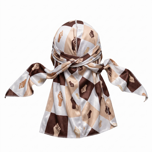 Black Power 4 graphic Satin Silky Durag - premium silky durag back view showing wrap straps, tail and stitching