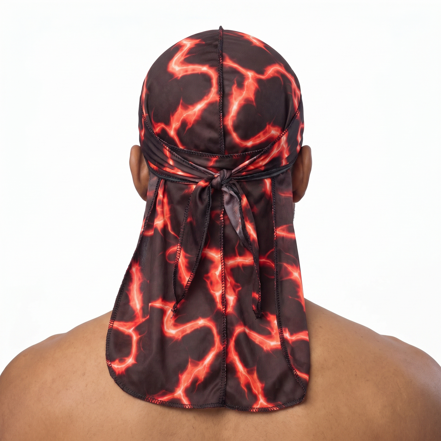 Voltage Red lightning Satin Silky Durag worn by male model, back view showing tied wrap and tail