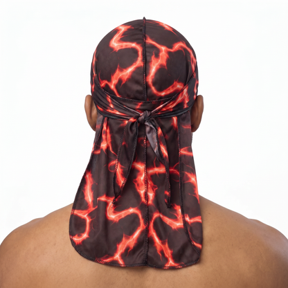 Voltage Red lightning Satin Silky Durag worn by male model, back view showing tied wrap and tail