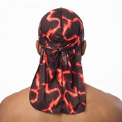 Voltage Red lightning Satin Silky Durag worn by male model, back view showing tied wrap and tail