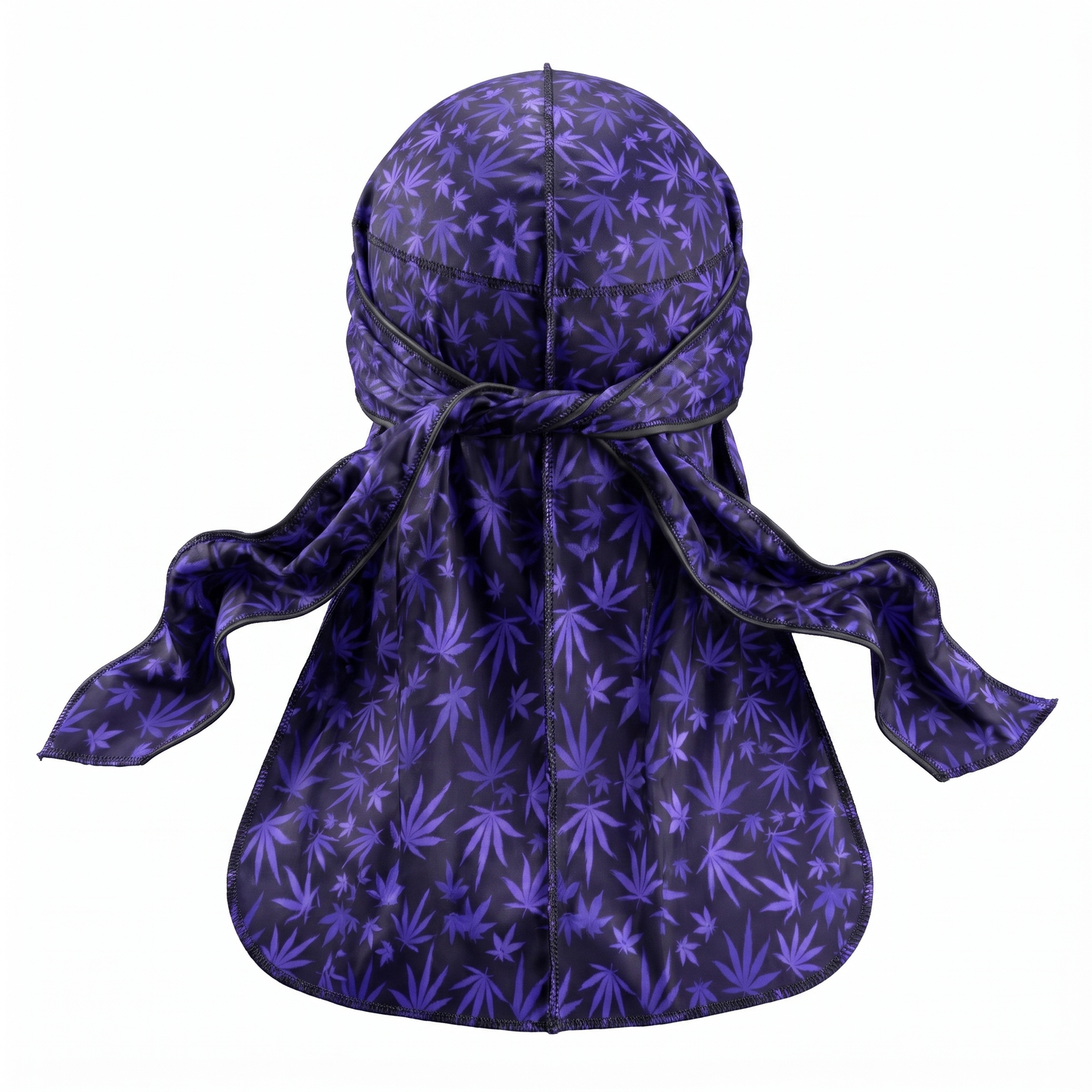 Cannabis Purple leaf print Satin Silky Durag - premium silky durag back view showing wrap straps, tail and stitching