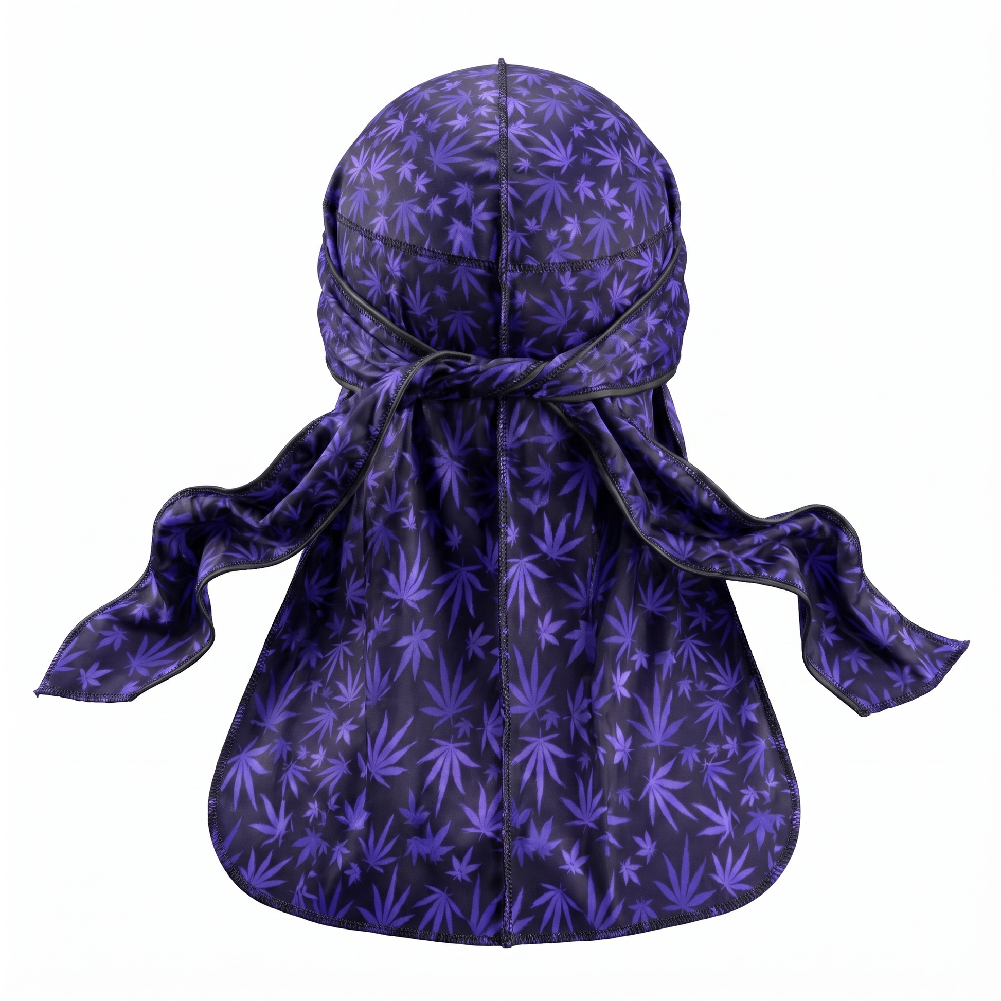 Cannabis Purple leaf print Satin Silky Durag - premium silky durag back view showing wrap straps, tail and stitching