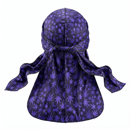 Cannabis Purple leaf print Satin Silky Durag - premium silky durag back view showing wrap straps, tail and stitching