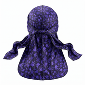 Cannabis Purple leaf print Satin Silky Durag - premium silky durag back view showing wrap straps, tail and stitching