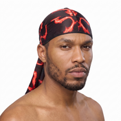 Voltage Red lightning Satin Silky Durag worn by male model, front view on white background