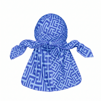 Blue Maze geometric Satin Silky Durag - premium silky durag back view showing wrap straps, tail and stitching