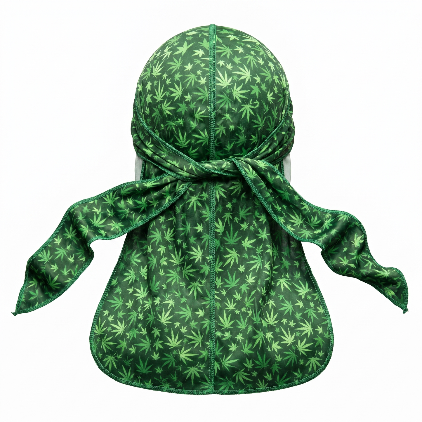 Cannabis Green leaf print Satin Silky Durag - premium silky durag back view showing wrap straps, tail and stitching