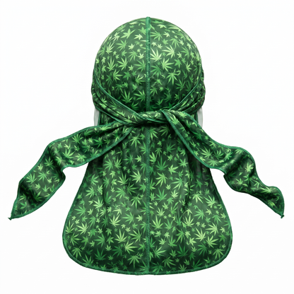 Cannabis Green leaf print Satin Silky Durag - premium silky durag back view showing wrap straps, tail and stitching