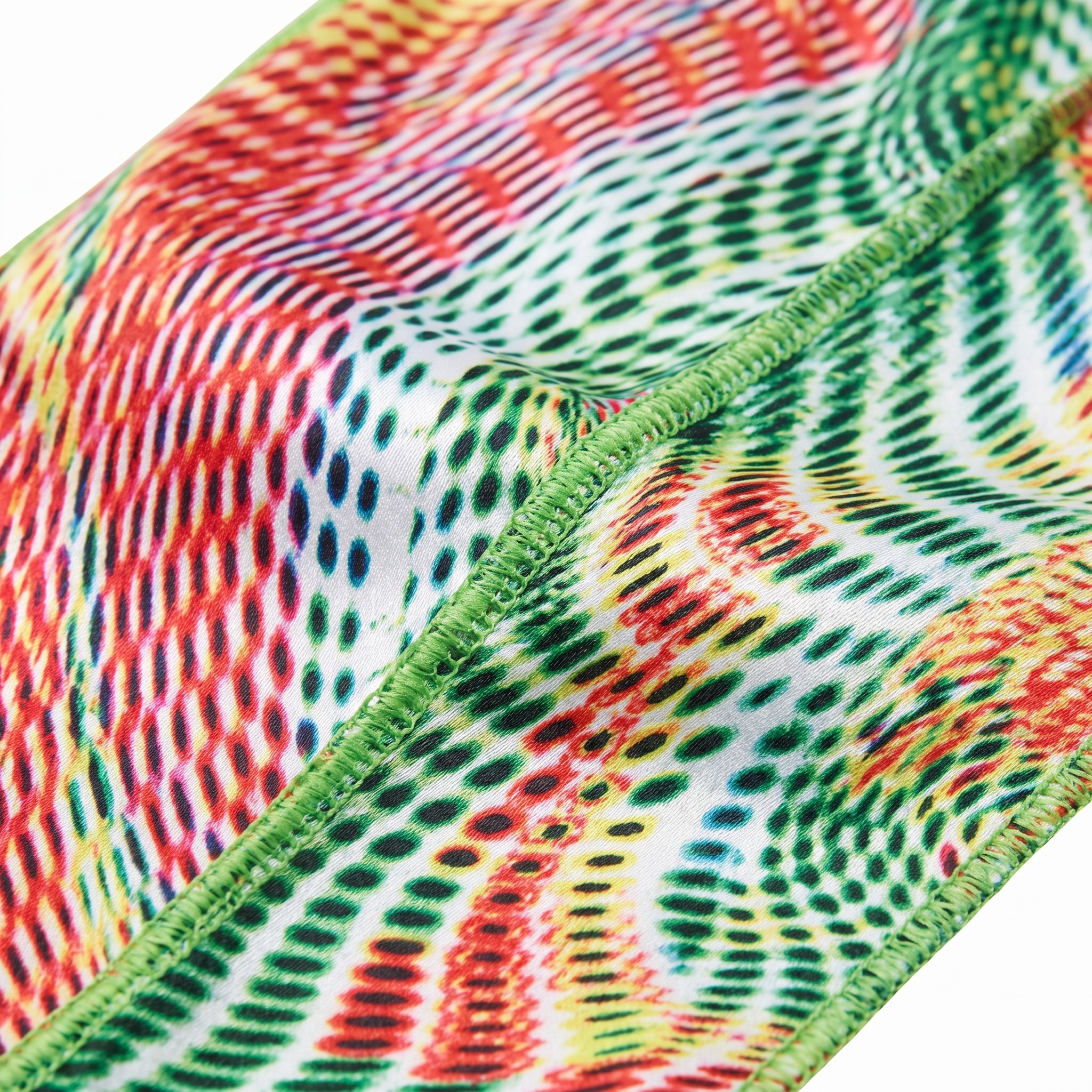 Thermal heat-map optical illusion Satin Silky Durag fabric close-up showing Thermal heat-map optical illusion print and stitching detail