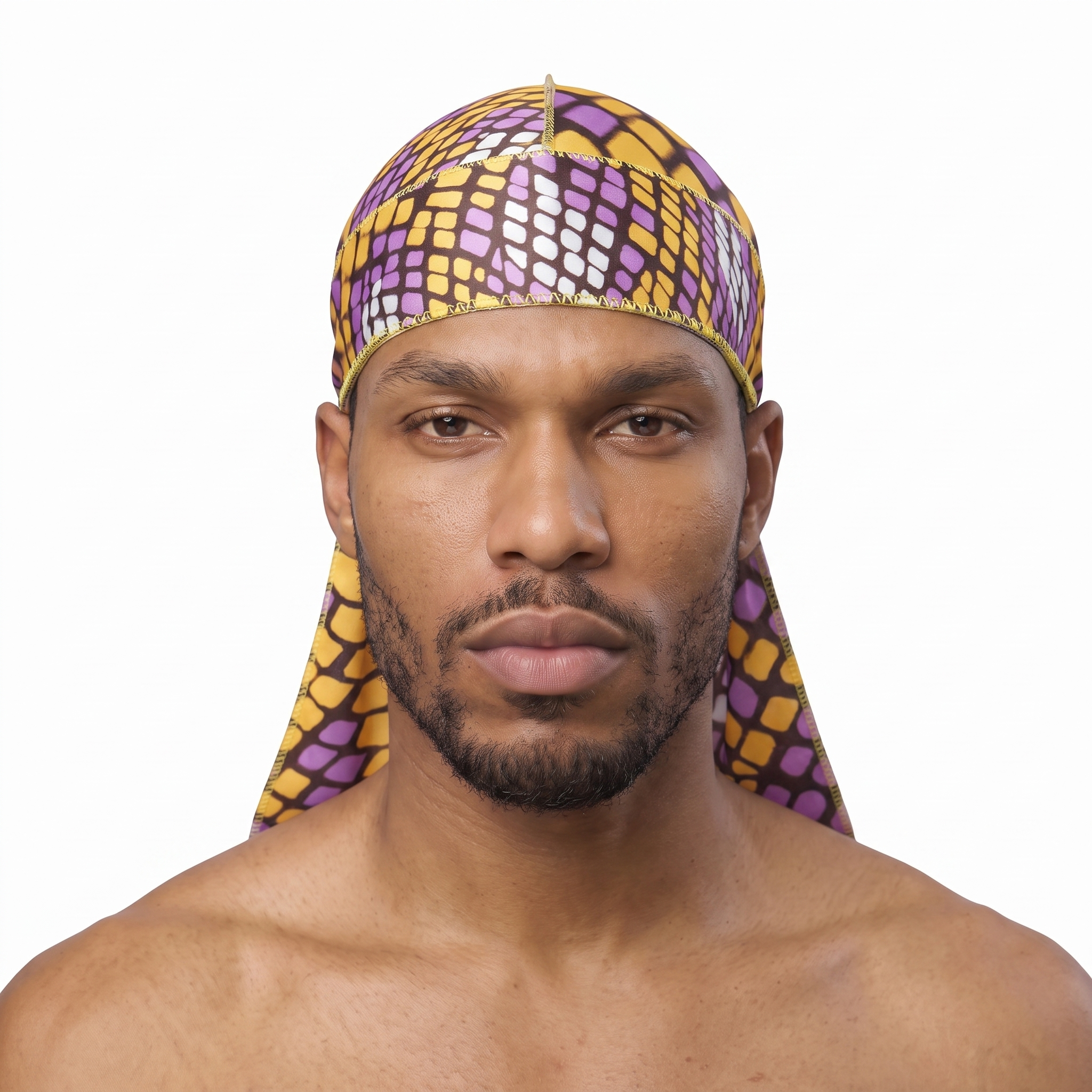 Yellow and Purple Mamba reptile snakeskin Satin Silky Durag worn by male model, front view on white background