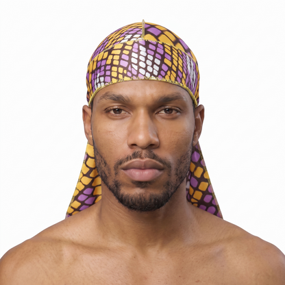 Yellow and Purple Mamba reptile snakeskin Satin Silky Durag worn by male model, front view on white background