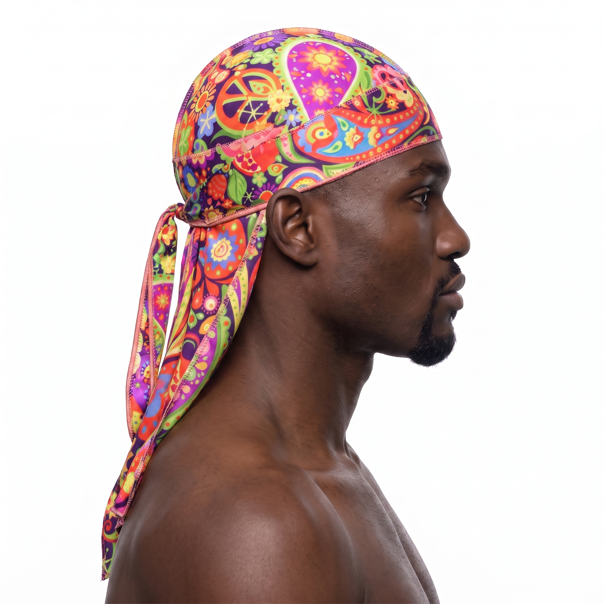 Black Hippie graphic Satin Silky Durag worn by male model, side profile showing fit and tail drape