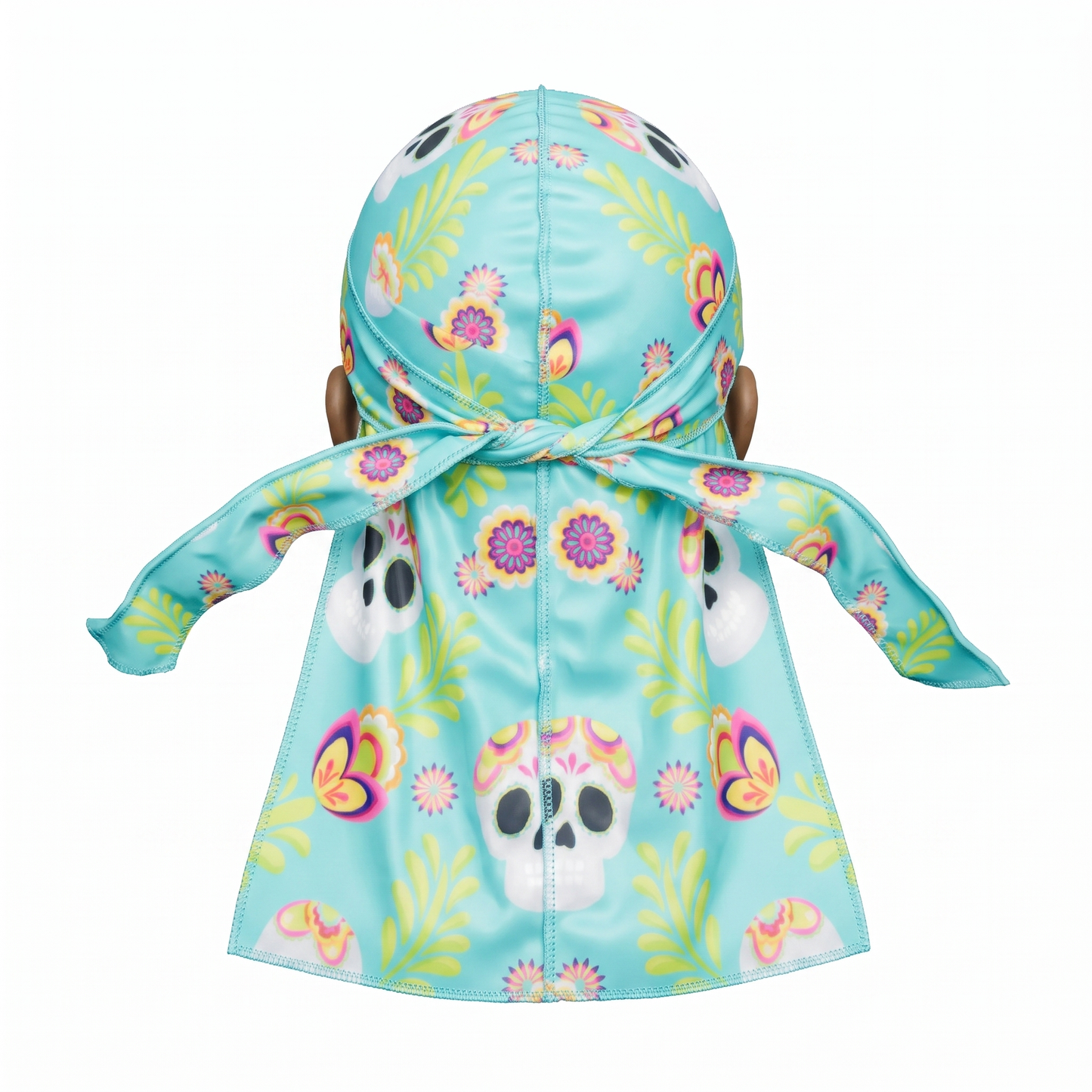 Cinco De Mayo Turquoise festive Satin Silky Durag - premium silky durag back view showing wrap straps, tail and stitching