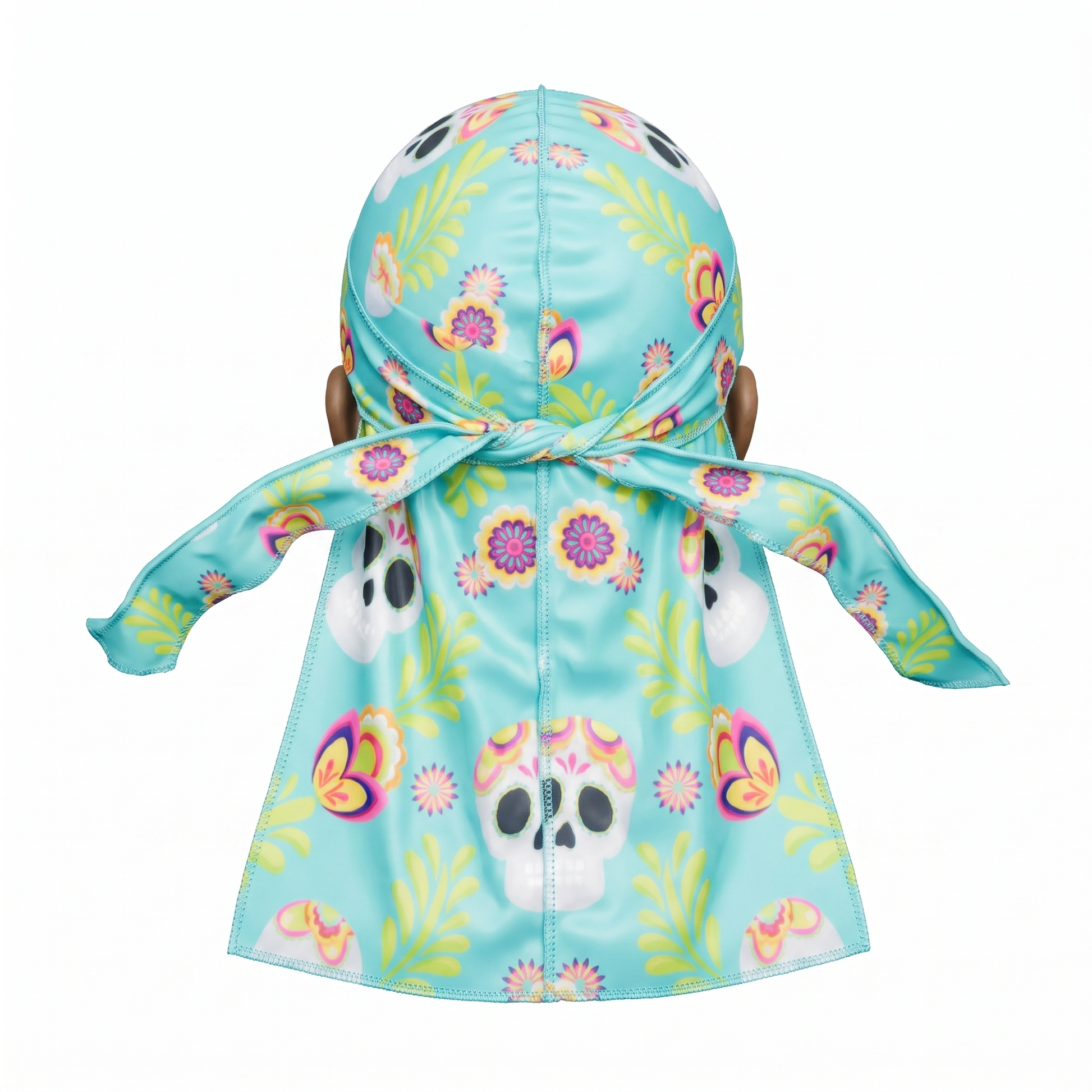 Cinco De Mayo Turquoise festive Satin Silky Durag - premium silky durag back view showing wrap straps, tail and stitching