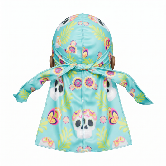 Cinco De Mayo Turquoise festive Satin Silky Durag - premium silky durag back view showing wrap straps, tail and stitching